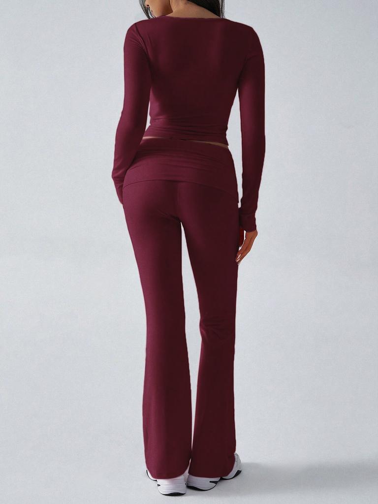Autumn Women Deep V Neck Flared Pants Sport Casual Set For Women