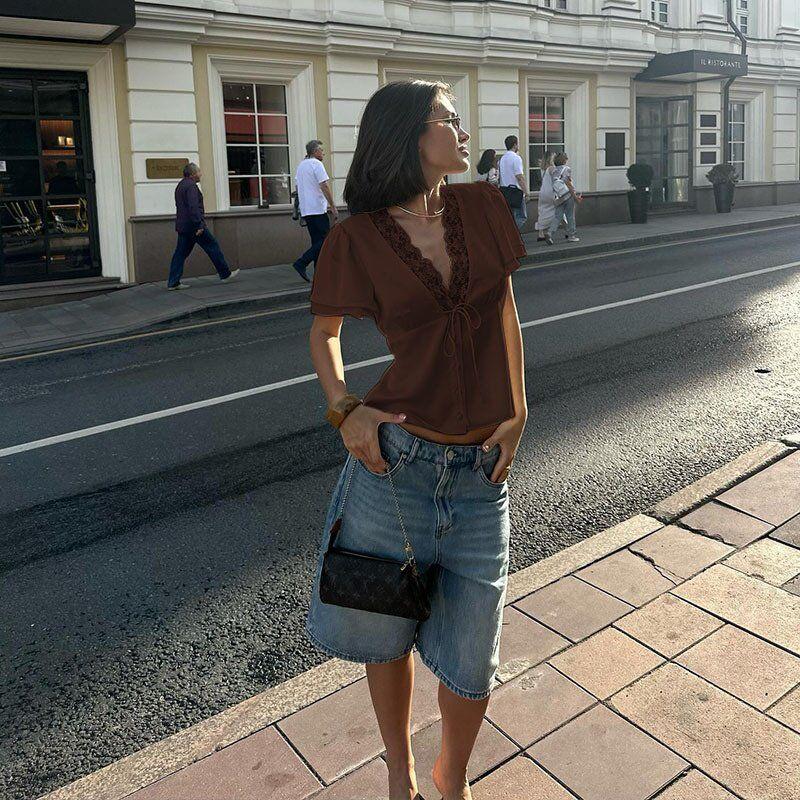 French-Style Lace-Up Lace Patchwork T-Shirt, Slim Fit, New Summer Style, Pure Desire Hot Girl Short Sexy Short-Sleeve Top