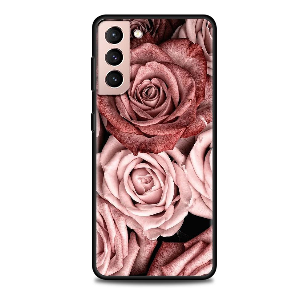 Pink Rose Bling Print Case for Samsung Galaxy S20 FE S21 S22 Ultra S10 Plus S9 S8 S10e S7 Edge Silicone Black Soft Phone Cover