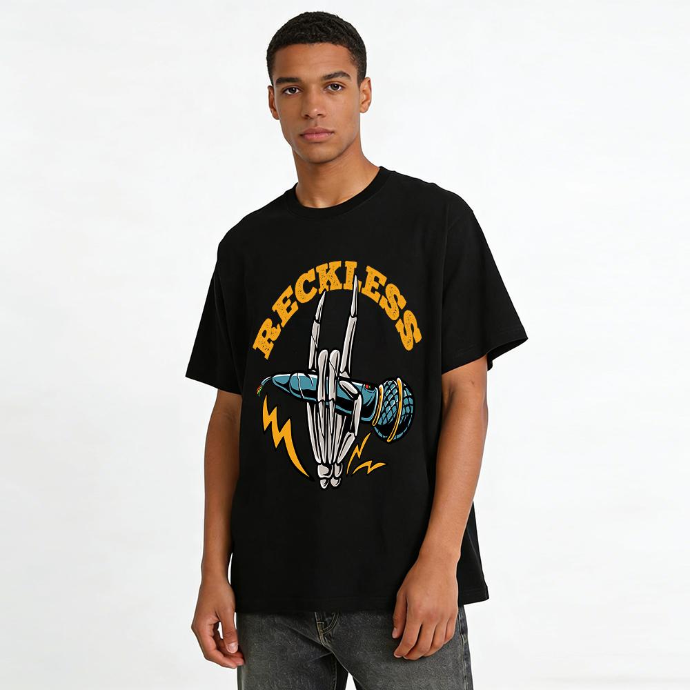 Reckless Skeleton Hand Rock Mic Print Streetwear Loose Tee Pure Cotton T-shirt