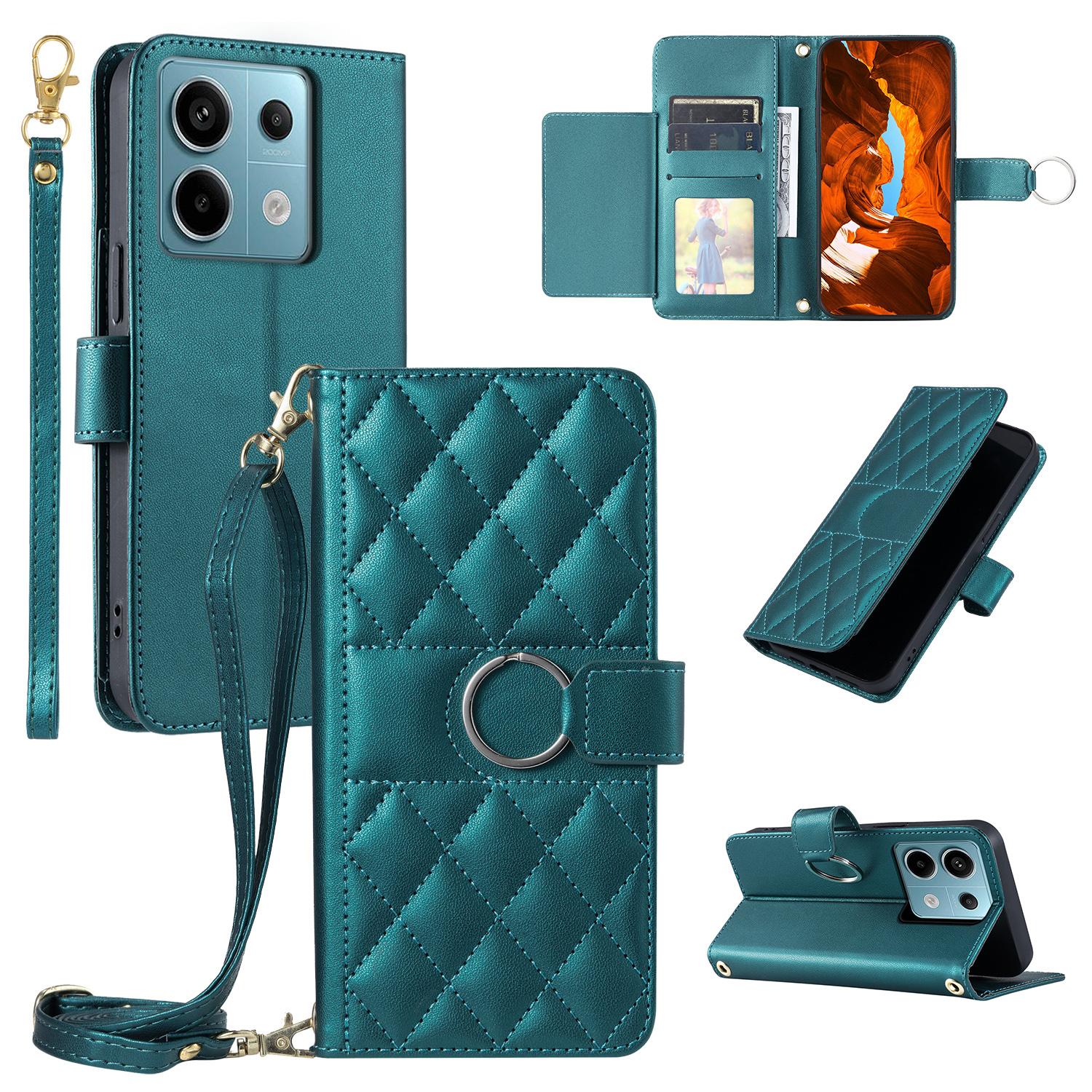 

For Xiaomi Redmi Note 13 5G Crossbody Leather Case Ring Buckle Wallet Stand Rhombus Mobile Cover Green
