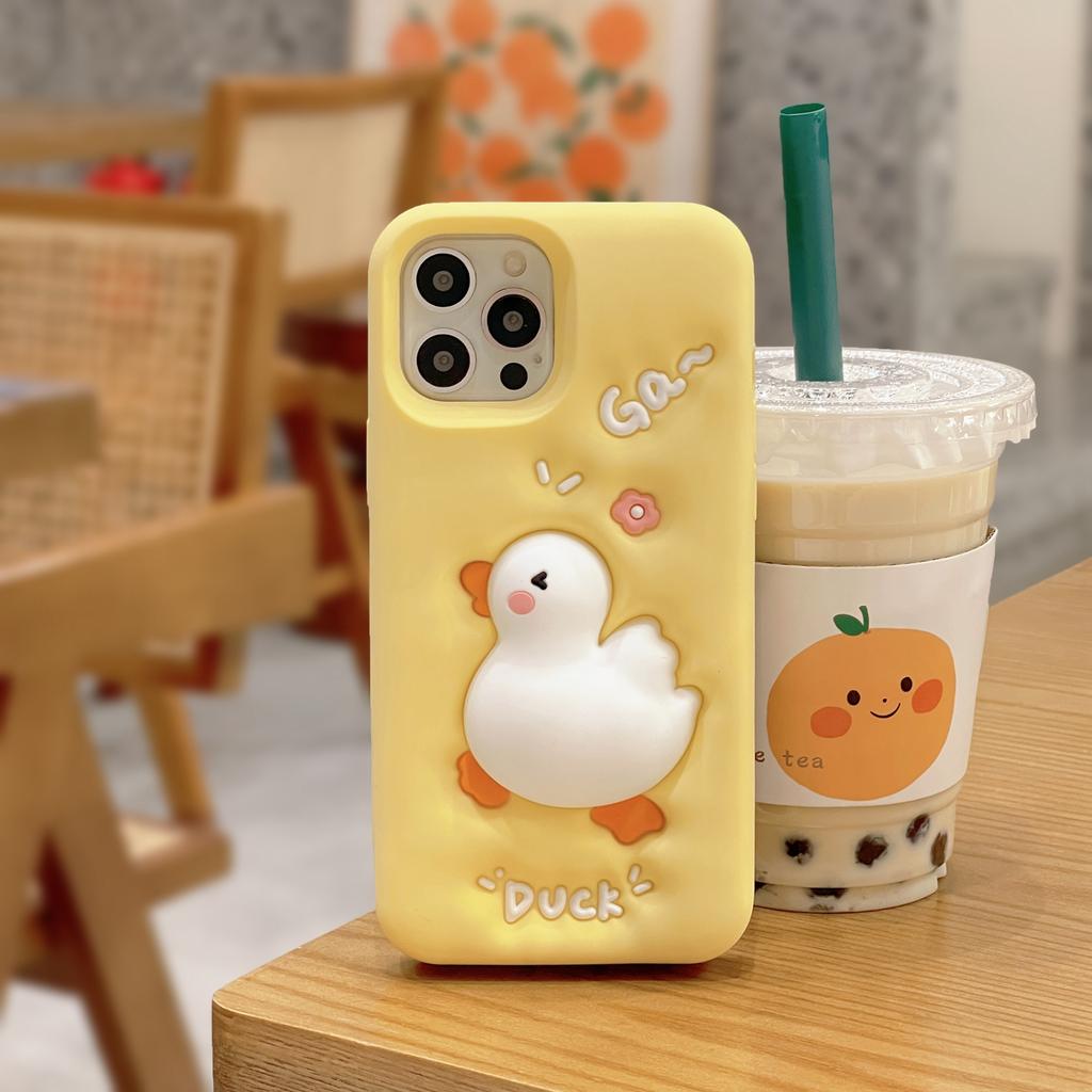 For iPhone 16 Pro Max Silicone Case Cute Expanding Duck Design Shockproof Phone Back Cover