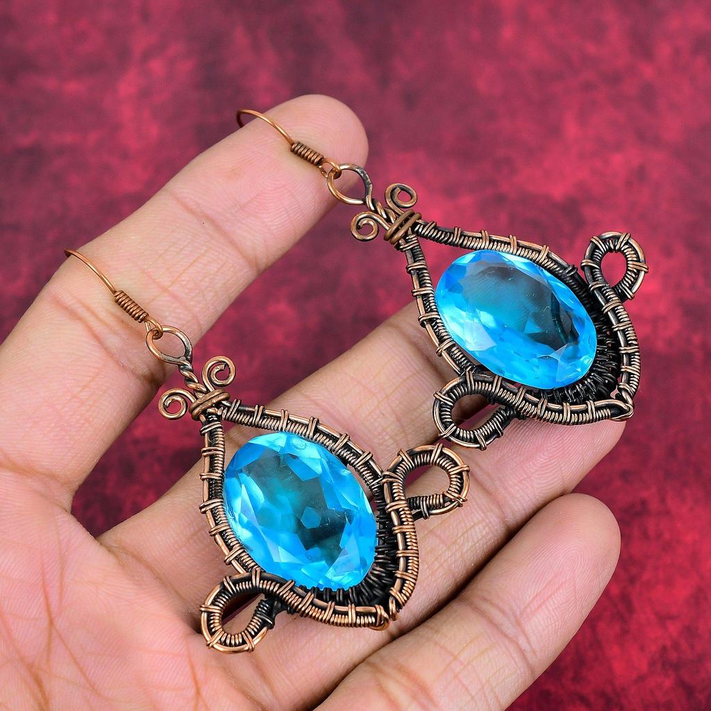 Faceted swiss blue topaz earring copper wire wrapped earring handmade copper jewelry gemstone earrings gifts for mother wire wrapped jewelry