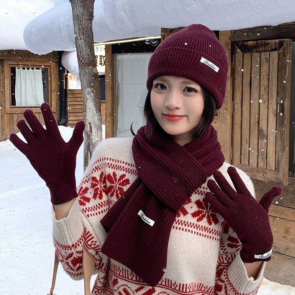 Warm Hat Scarf Gloves Set Solid Color Winter Beanie Hat Neck Warmer Thermal Knit Cap  Women/men