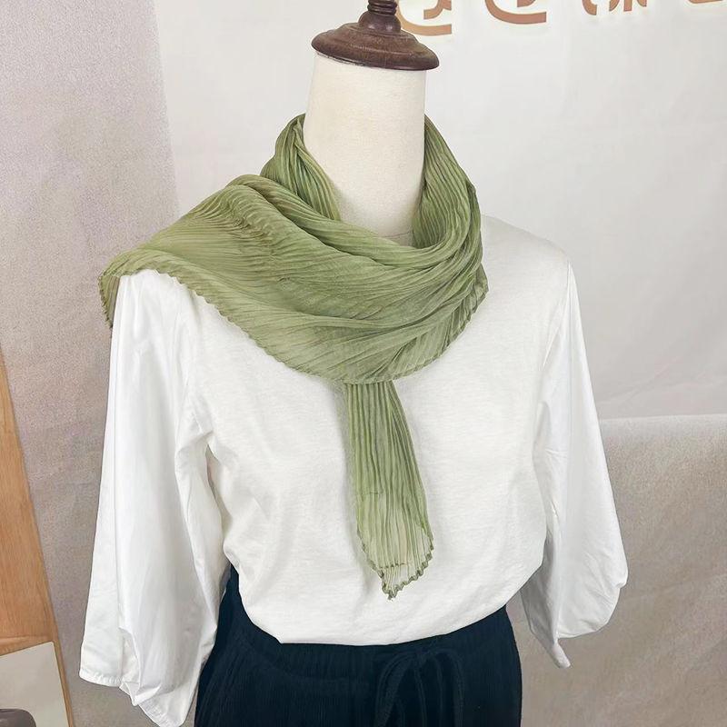Women's Pleated Solid Color Small Square Scarf | Purple Neck-Protecting Silk Scarf Professional Spring-Autumn Scarf Decorative Neck Wrap for Ladies
