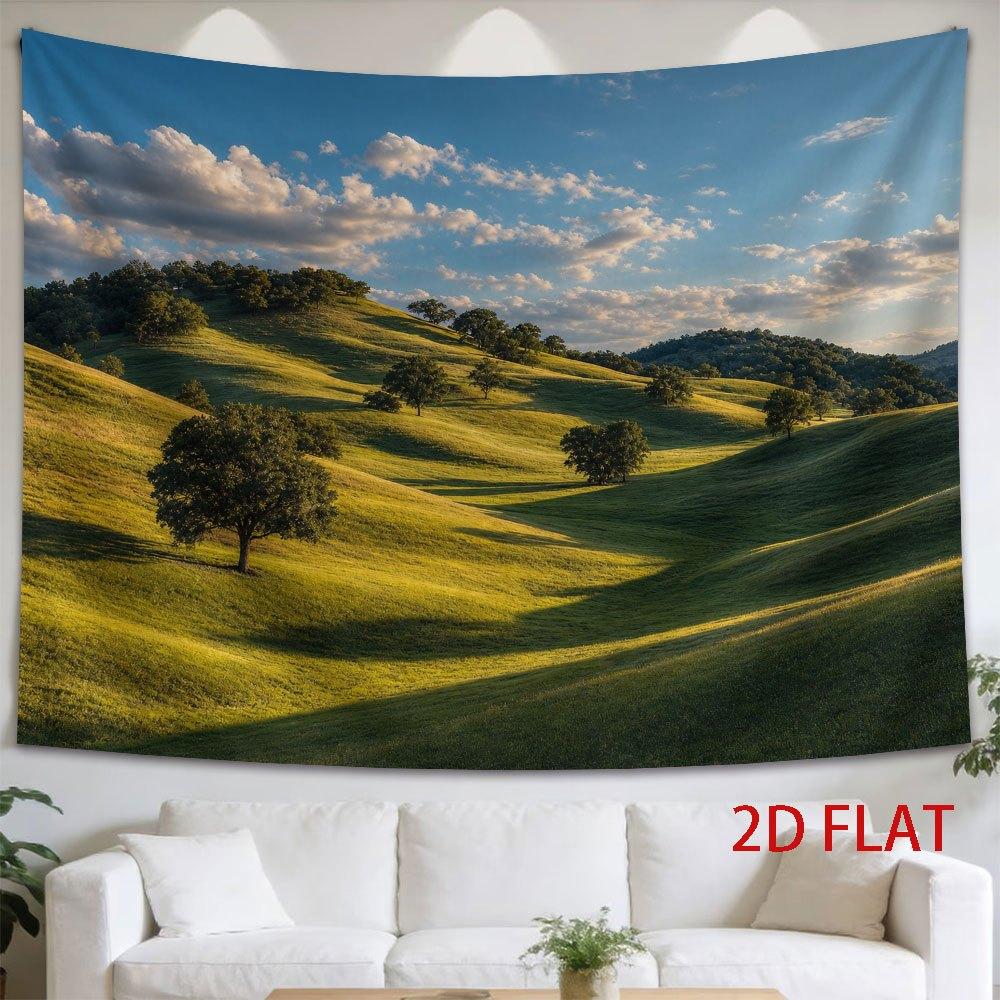 1pc Tapestry Lush Rolling Hills Under Golden Sunset Cloudscape, Serene Natural Landscape with Scattered Trees And Soft Shadows