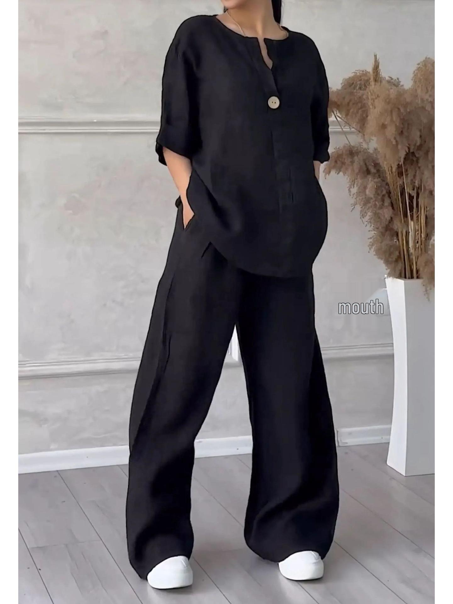 

Women s 2-Piece Cotton Linen Set - Loose Fit High Waist Trousers & Shirt, 2024 Summer Collection, Plus Size. 3XL
