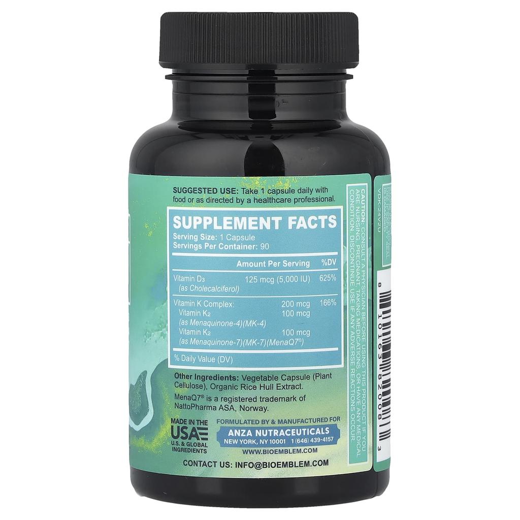 BioEmblem, Vitamin D3 + K2, 90 Veggie Capsules