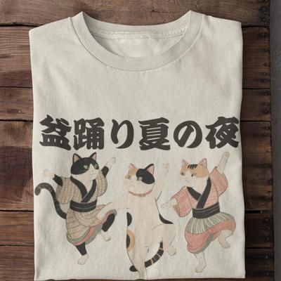 Maglietta Danza Tradizionale Gatto Giapponese Retrò, Maglietta Bon Odori, Abbigliamento Kawaii, Maglietta Estetica Arte Giapponese, Gatto Anime Onda di Kanagawa di Hokusai