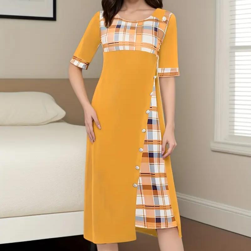 Plaid Print Splicing Dress, Casual Crew Neck Short Sleeve Summer Asymmetrical Dress, Women's Clothing