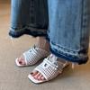Sheepskin Version~ French One-word Slippers Women's Wedge Heel Leather Retro Woven Hollow Square Head Outer Wear Xia Liang Slippers
