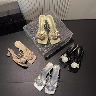 2025 Summer New Pearl Flower Fashion Versatile Square Head French Celebrity High Heel Roman Sandals Women's Cool Slippers
