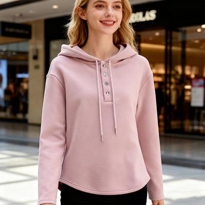 Women Hoodie Fall Long Sleeve Button Up Drawstring Hooded Sweatshirt Loose Fit Casual Thin Pullover Top