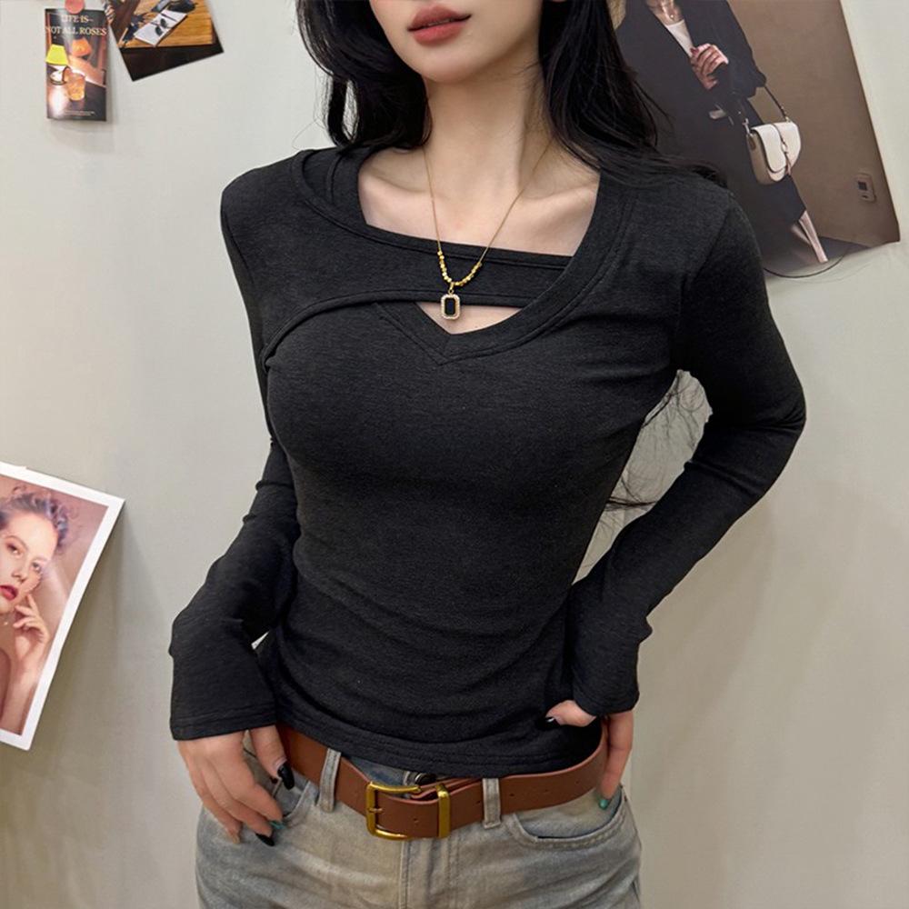 Women's Brushed Cotton Flannel V-Neck Slimming Long Sleeve Patchwork Top