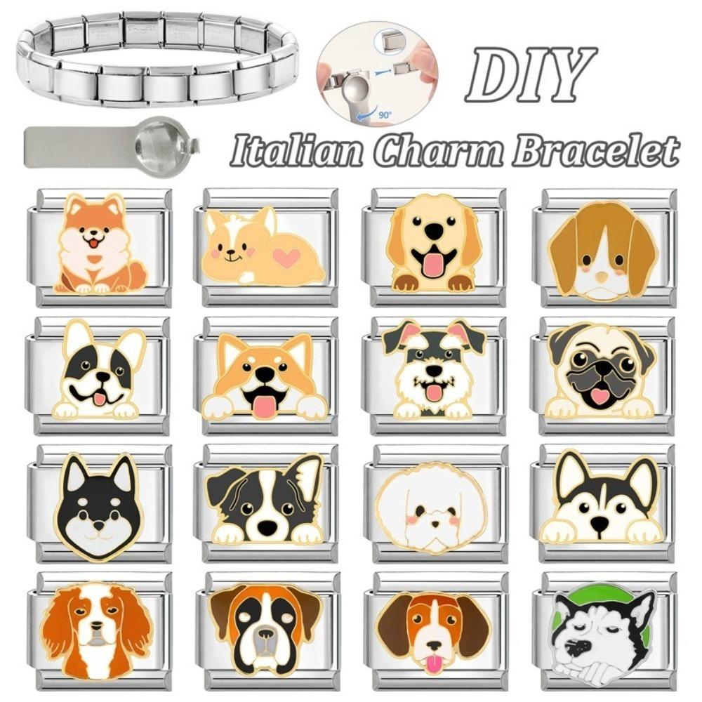 9mm Italian Modular Bracelet Links Beads Stainless Steel Dog Charm Connector Modular Design Stainless Steel Bracelet Family Gift