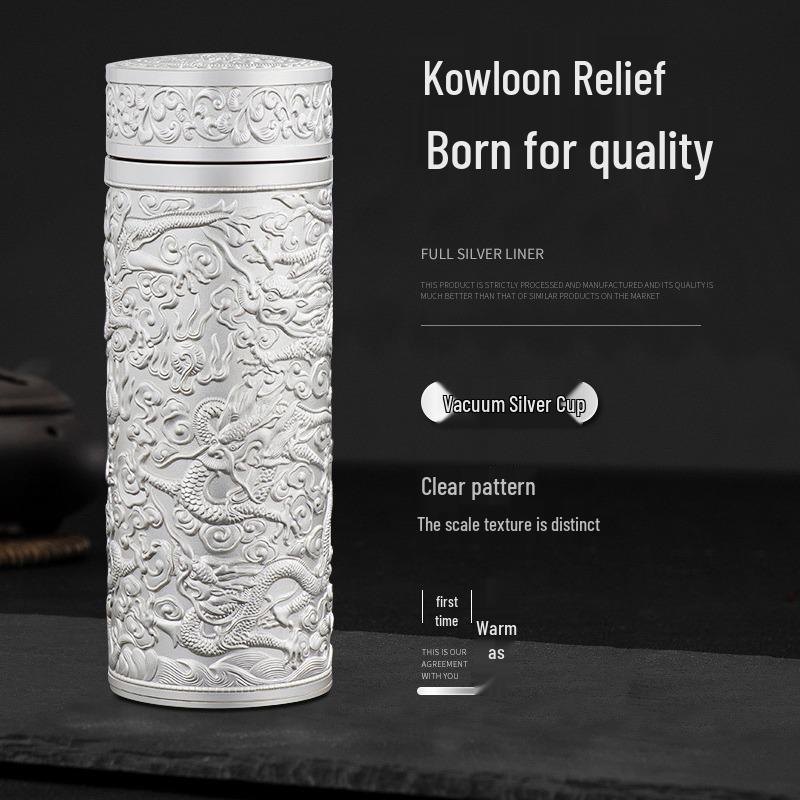 Reinsilber 9999 Thermalwasserbecher - Neun Drachen, Hundert Segnungen, Drachen & Phönix Design