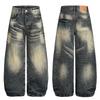 Womens High-Waisted Wide-Leg Distressed Flared Jeans Retro Streetwear Loose Fit Cotton Blend