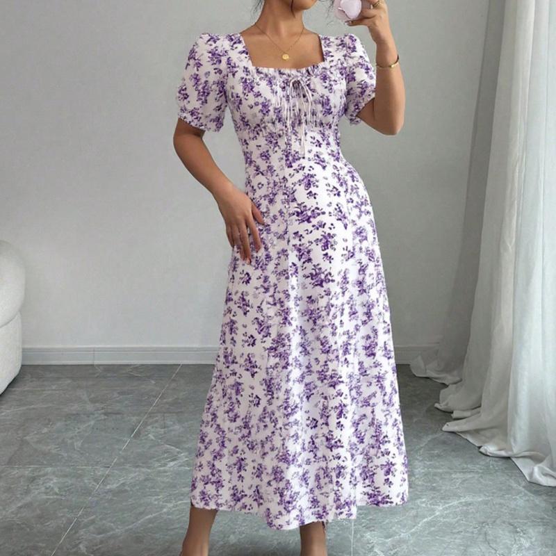 Ruffle Edge Dress Women Puff Sleeves Printed Slim Fit Spring Summer Size S-XXL