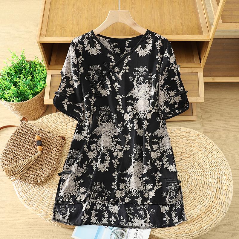 2026 Summer Irregular Slit Slimming Retro Frog Button Mid-Length Women s T-Shirt 4XL цветочный