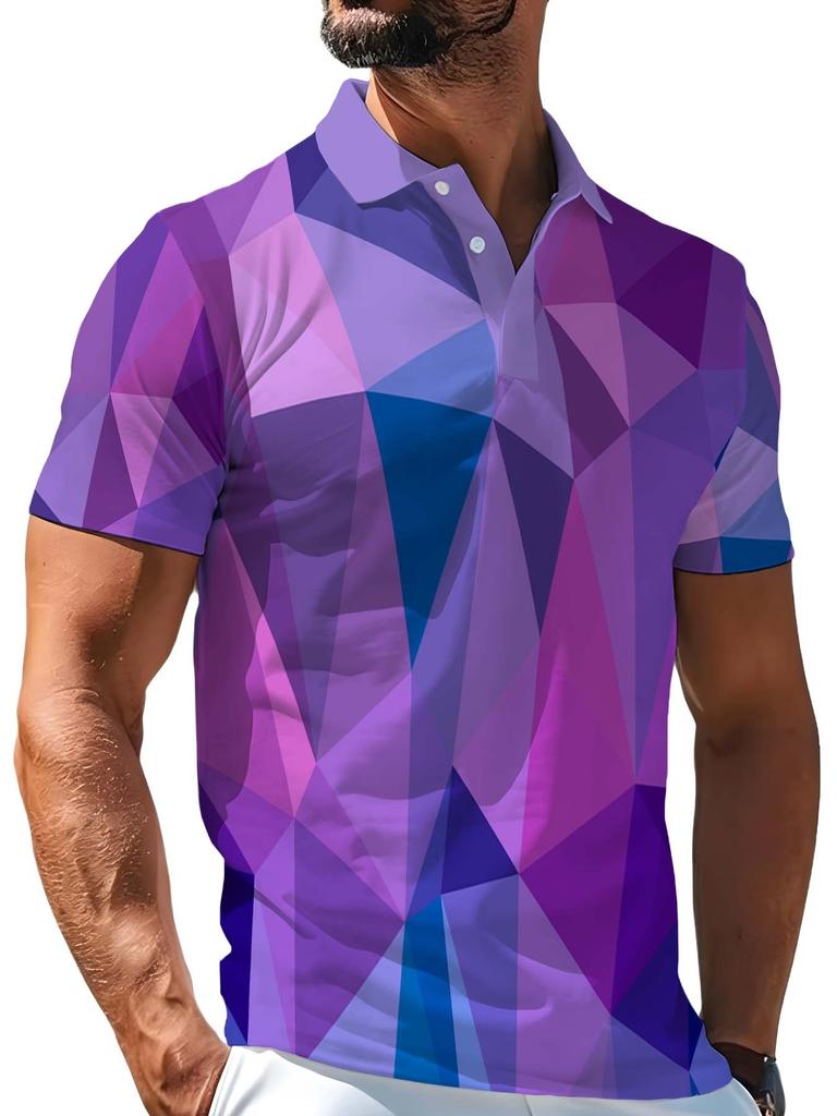 [Printed Design – Not Textured] Light Purple Collar with Purple-Blue-Pink Gradient Polygonal Geometric All-Over Print Men's Short Sleeve Polo Shirt