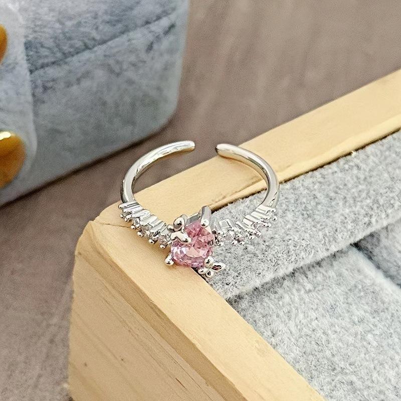 [Sweet Diamond Honey Talk] Girl'S Heart Sweet Pink Full Diamond Zir*****Pen Ring Butterfly Exquisite Premium Ring