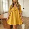 European and American women's clothing spring and summer new v-neck lace-up bubble sleeve Z-shaped dress women