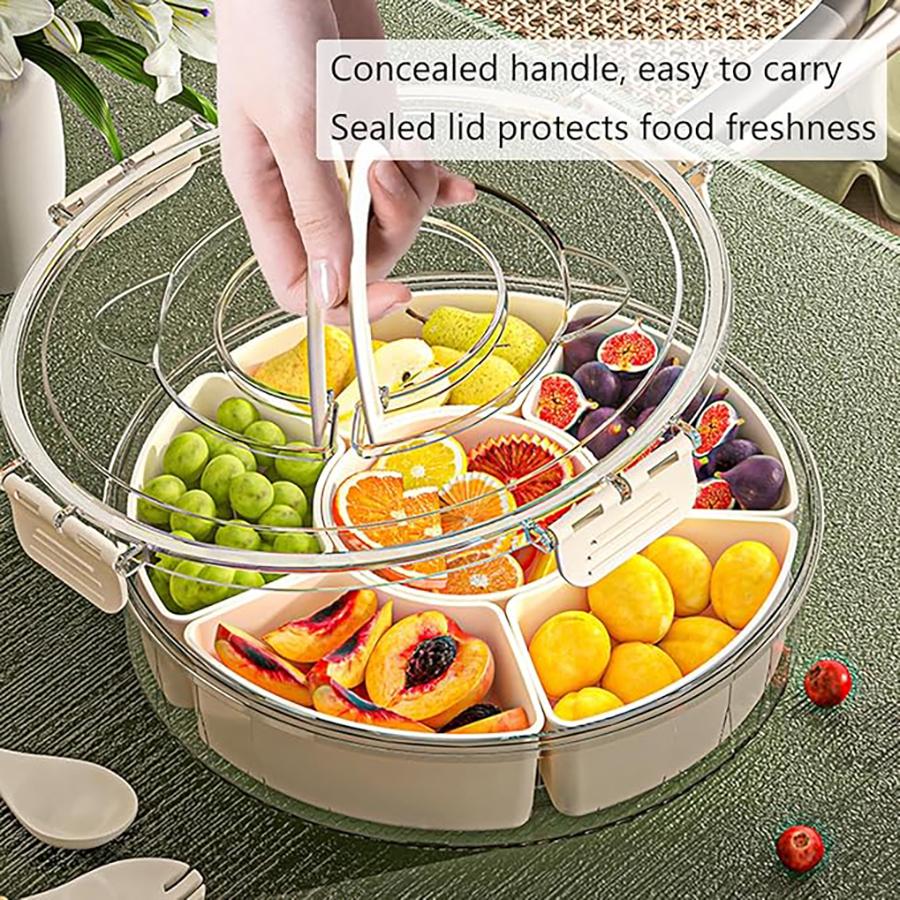 Rotating Veggie Tray Handle Divided Serving Tray Serving Tray with Lid,Portable Snack Spinner, Clear Fridge Organizer Storage