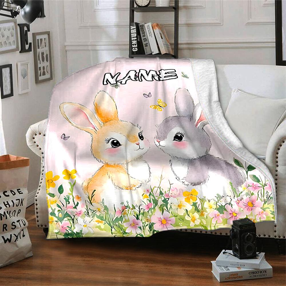 Adorable Bunnies In A Floral Garden Throw Customizable Blanket Customize Text Comfortable Texture Throw For Sofa Couch Office Bed Picnics Four Seasons