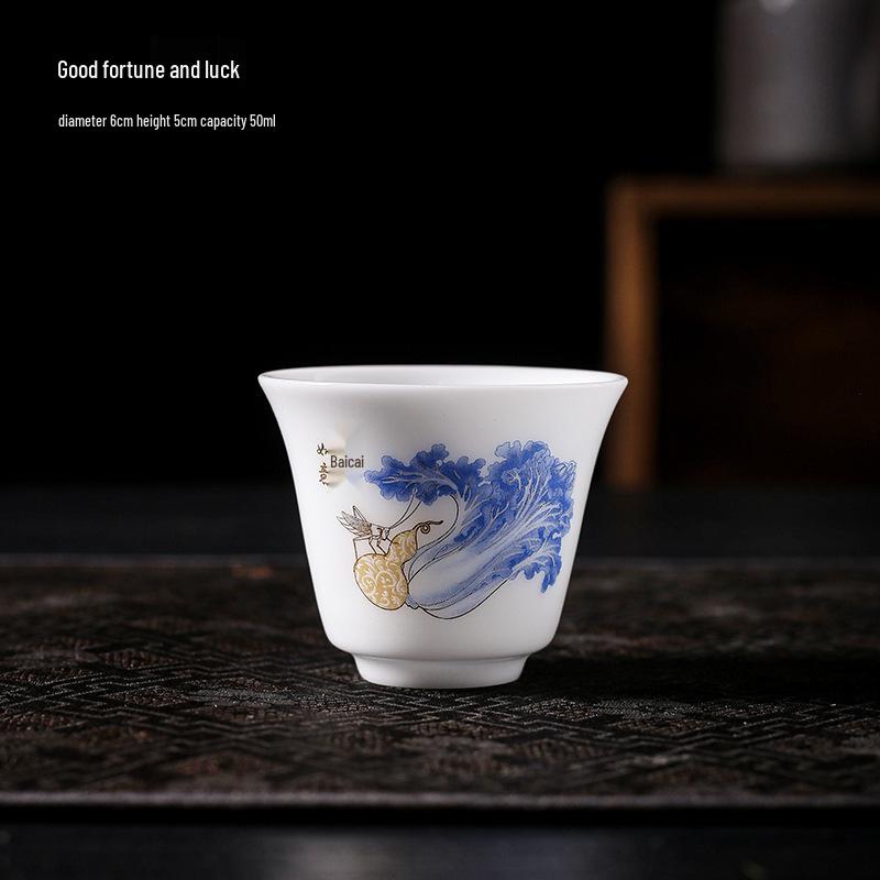 Hand-Painted Ceramic Landscape Teacup - Ice-Type Mutton Fat Jade Finish, Kung Fu Tea Set