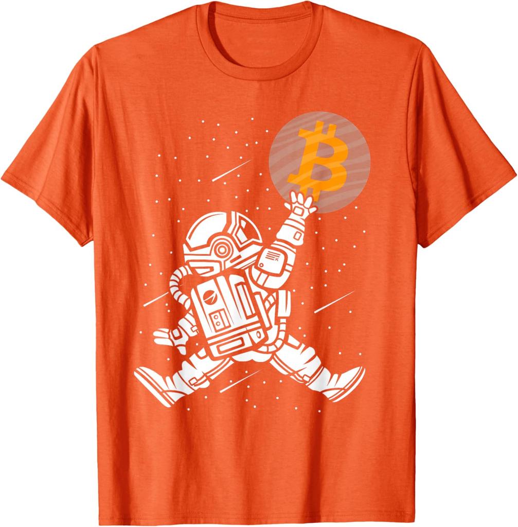 Bitcoin Astronaut Reaching for BTC Crypto Trader Graphic Tee Men Casual Short Sleeve