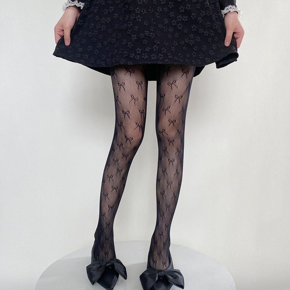 Jacquard Net Socks Bow Tattoo Black Stockings Women'S Autumn And Winter Thin Sexy Fishnet Socks Jk Leggings