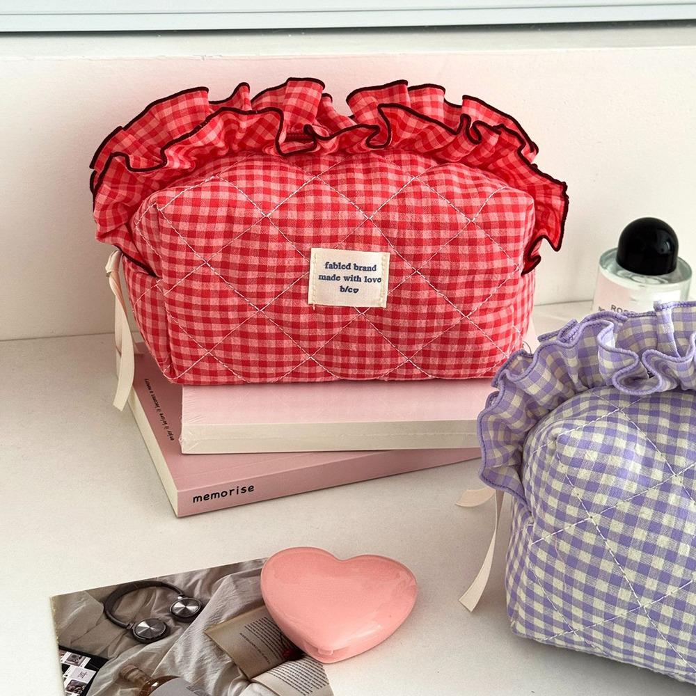Plaid Pattern Ruffle Makeup Bag Large Capacity Toiletry Organizer Small Fresh Cosmetic Cases  Women
