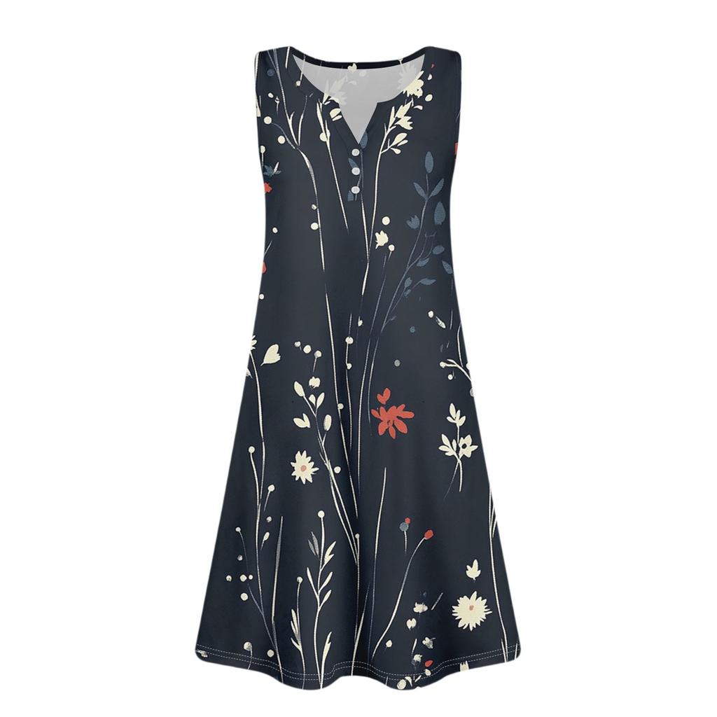 Women's Summer Casual V-Neck Floral Button Dress With Pockets