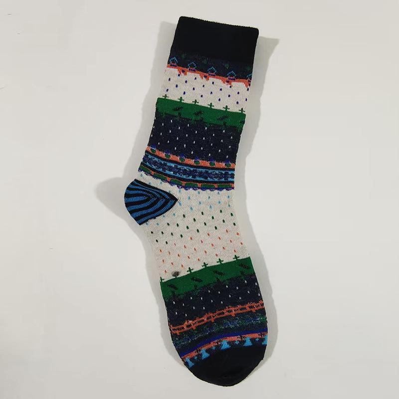 

Женские весенне-осенние новые ретро носки из хлопка с барабанным рисунком в национальном стиле 1 pair тёмно-синий/бежевый