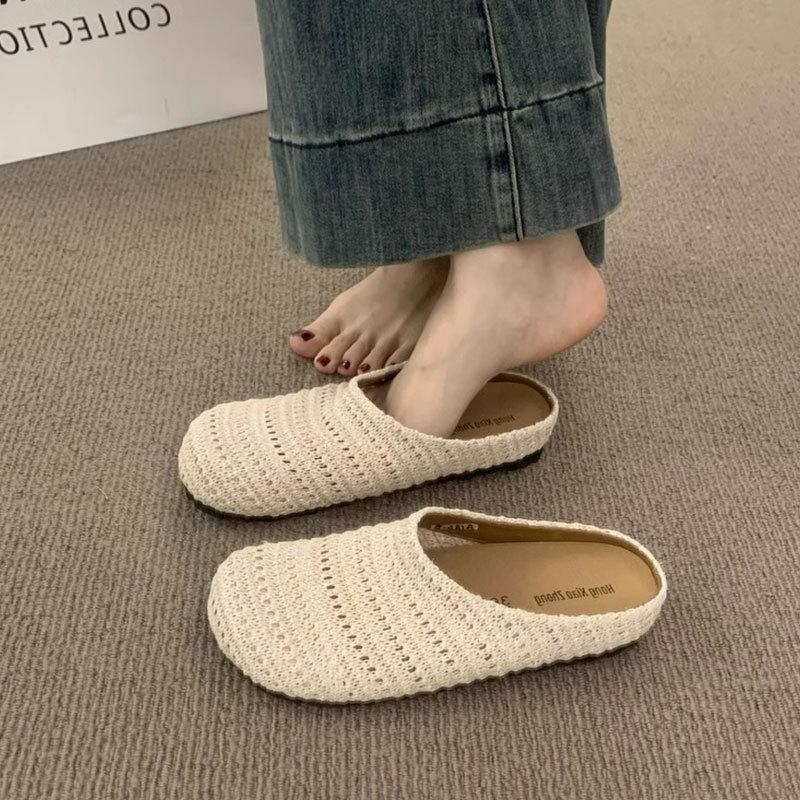 Fashion woven hollow breathable bag head half drag women's outer wear 2025 spring and summer new thick soft bottom cool slippers