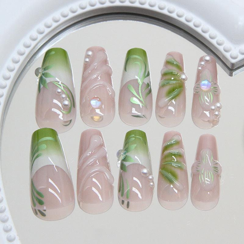 Green Cool Three-dimensional Vine Gradual Change French Pearl Gentle Temperament Fashion Ins Wind Removable Nail Art Piece 24