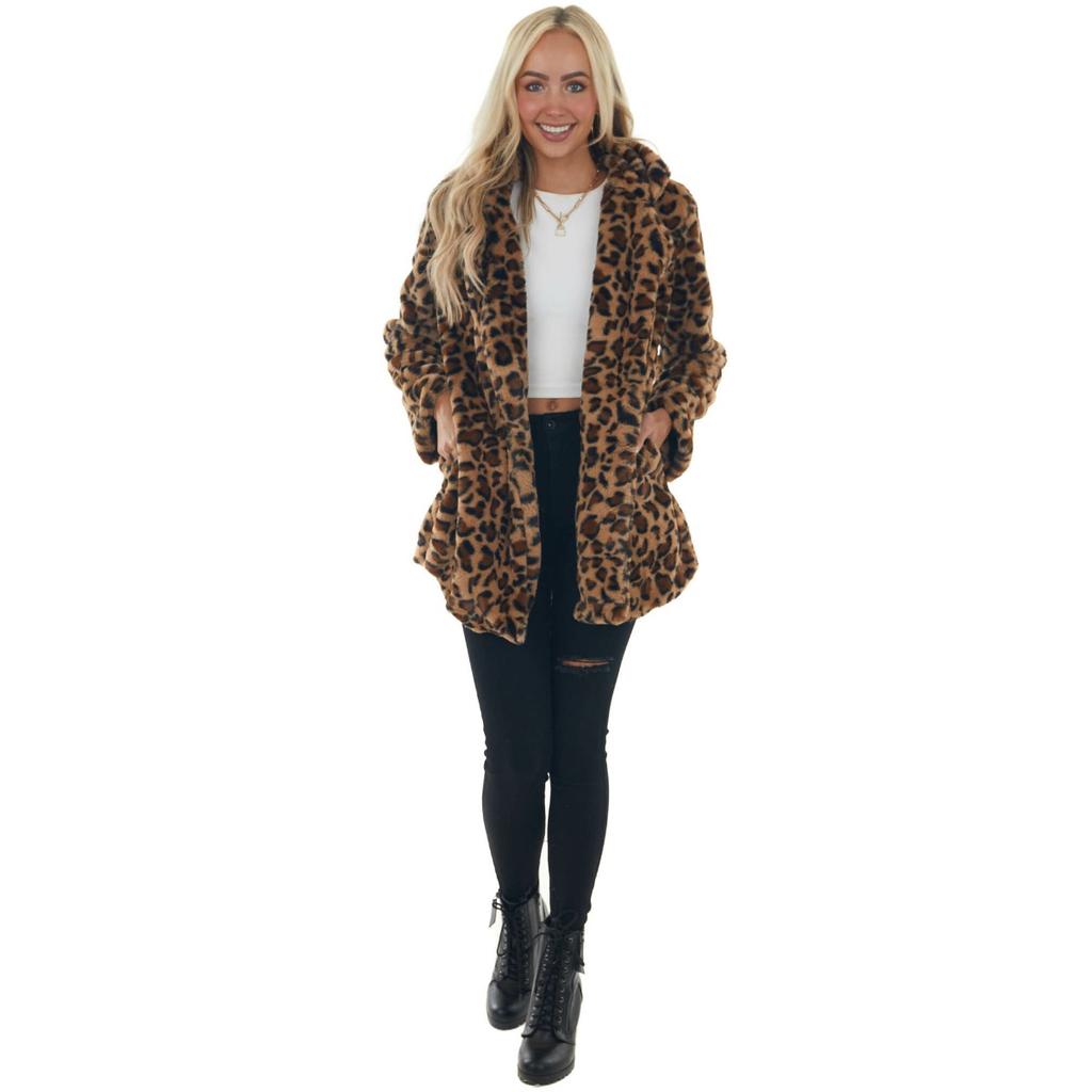 Women's Turn Down Collar Long Sleeve Loose Fit Leopard Print Faux Fur Jacket Mid Length Plush Winter Cardigan Coat