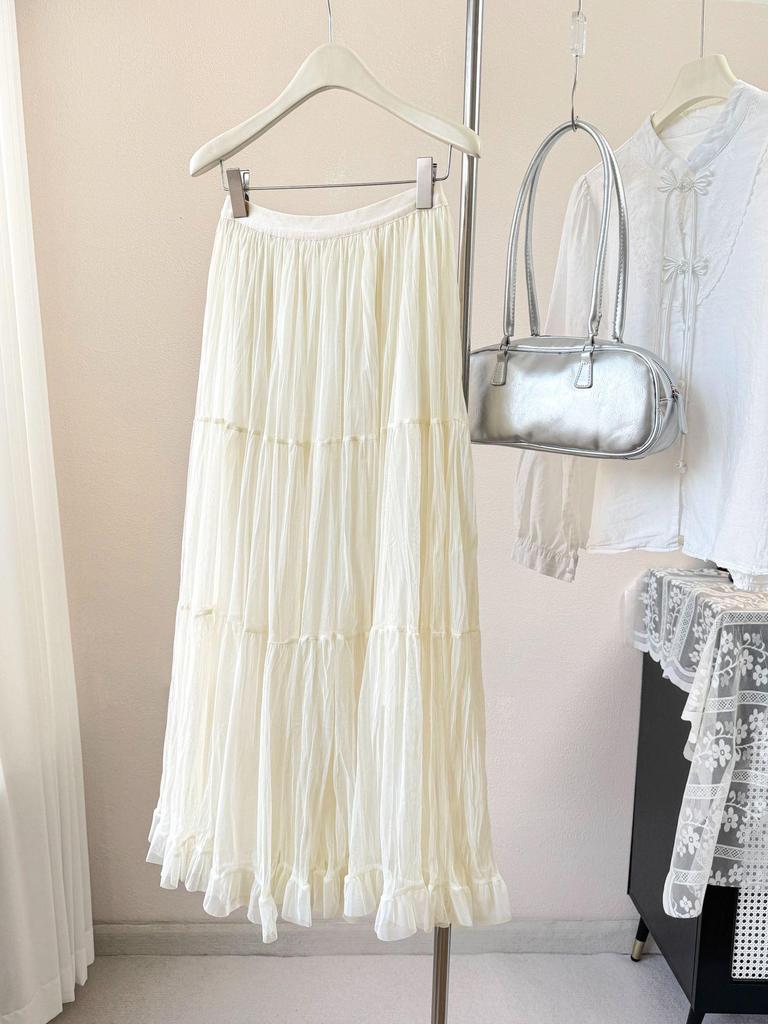 Women’s French-Style High Waist A-Line Mesh Skirt | 2026 Fairy Pleated Loose Hem