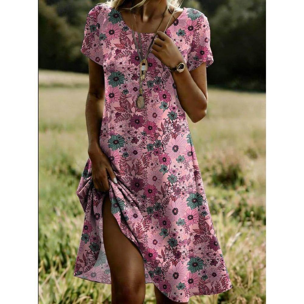 

Summer Women s Short Sleeved V-neck Long Dress, 3D Fashionable Printed Pattern Dress, Casual Vacation Style. 5XL