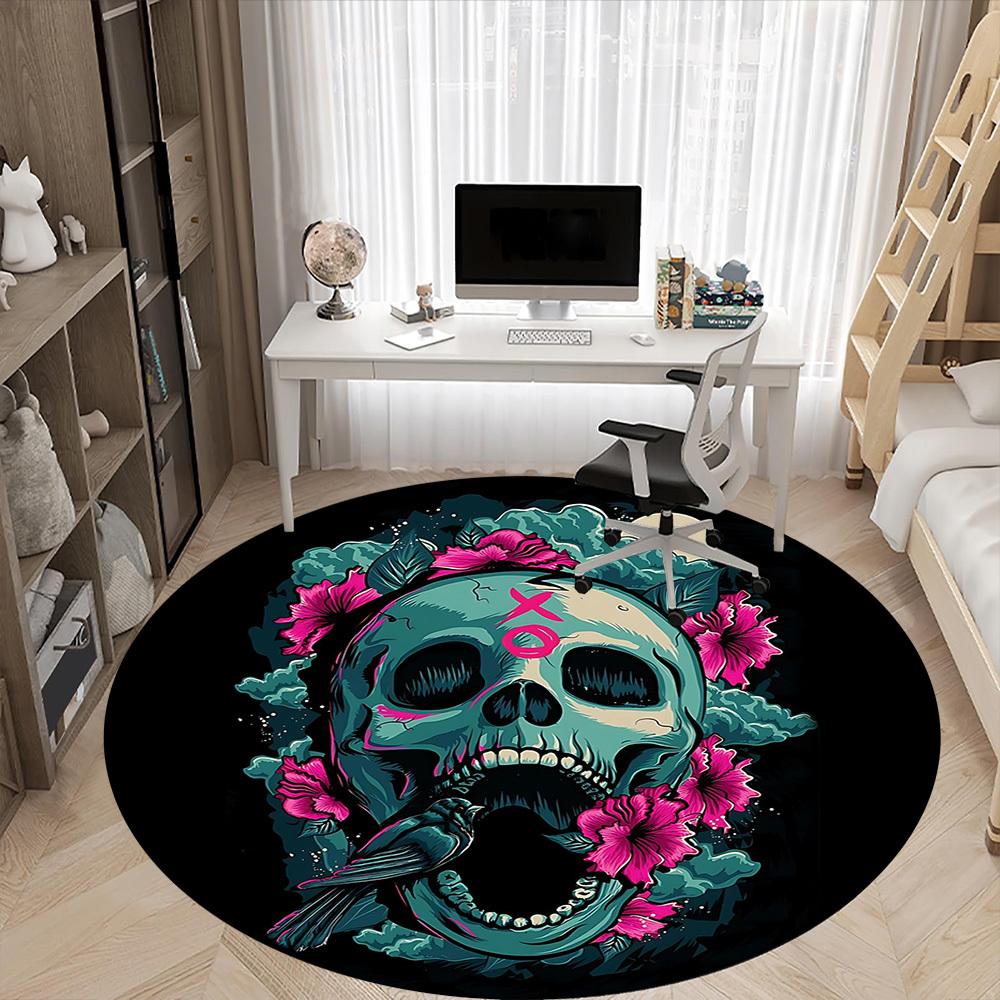 1pc Skull Flowers Office Round Area Rug, Indoor Mat Suitable For Office, Under Office Chairs Bedroom Living Room Home Decor, Room Deco
