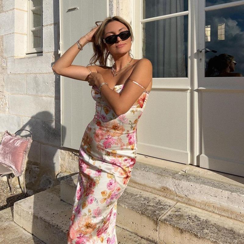 New Fashion Sleeveless Printed Sexy Backless Suspender Dress Slim Fit Elegant Bodycon Summer Party Long Dress Female Streetwear Casual Clothing
