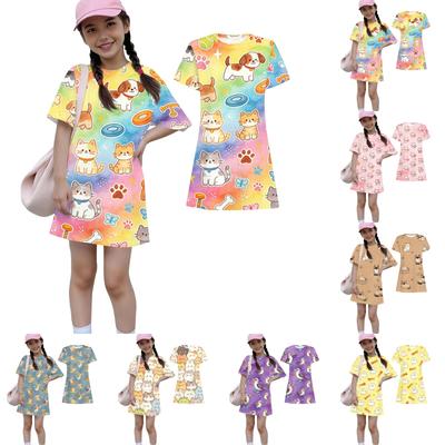 Girls Loose Fit Short Sleeve Dress Kids Casual Round Neck Lightweight Summer Dress with Animal Print Comfortable Fabric