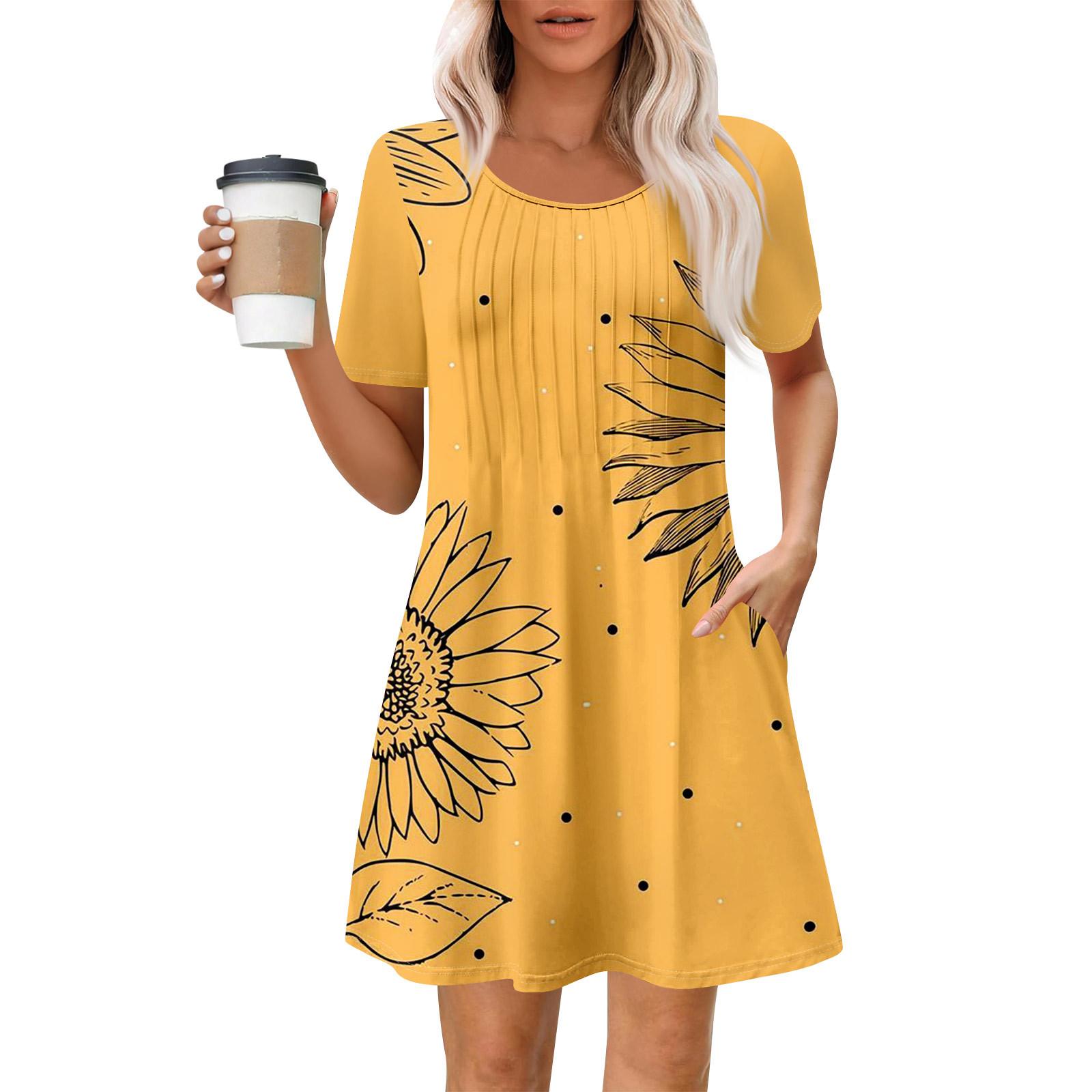 

Жіноча літня сукня Вільне пляжне повсякденне плаття-сарафан із круглим вирізом і короткими рукавами з кишенею, сукня-сорочка з короткими рукавами S помаранчевий