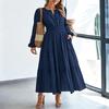 Abito Lungo da Donna con Scollo a V, Manica Lunga, a Strati, Vita Arricciata, Orlo a Volant, Abito Casual per Primavera ed Estate