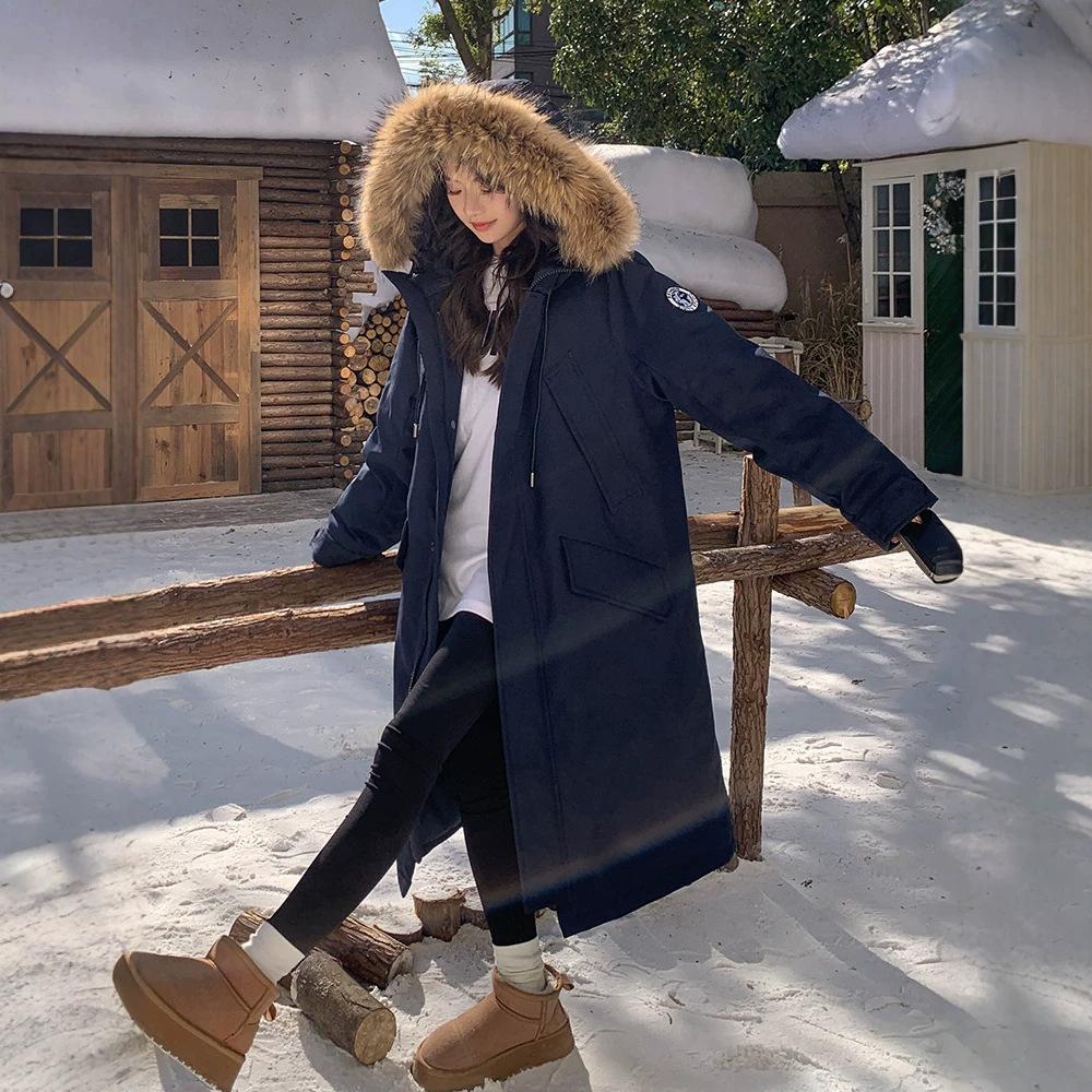 Winter long knee cotton-padded clothes hooded big fur collar thickened fashion versatile cotton-padded jacket