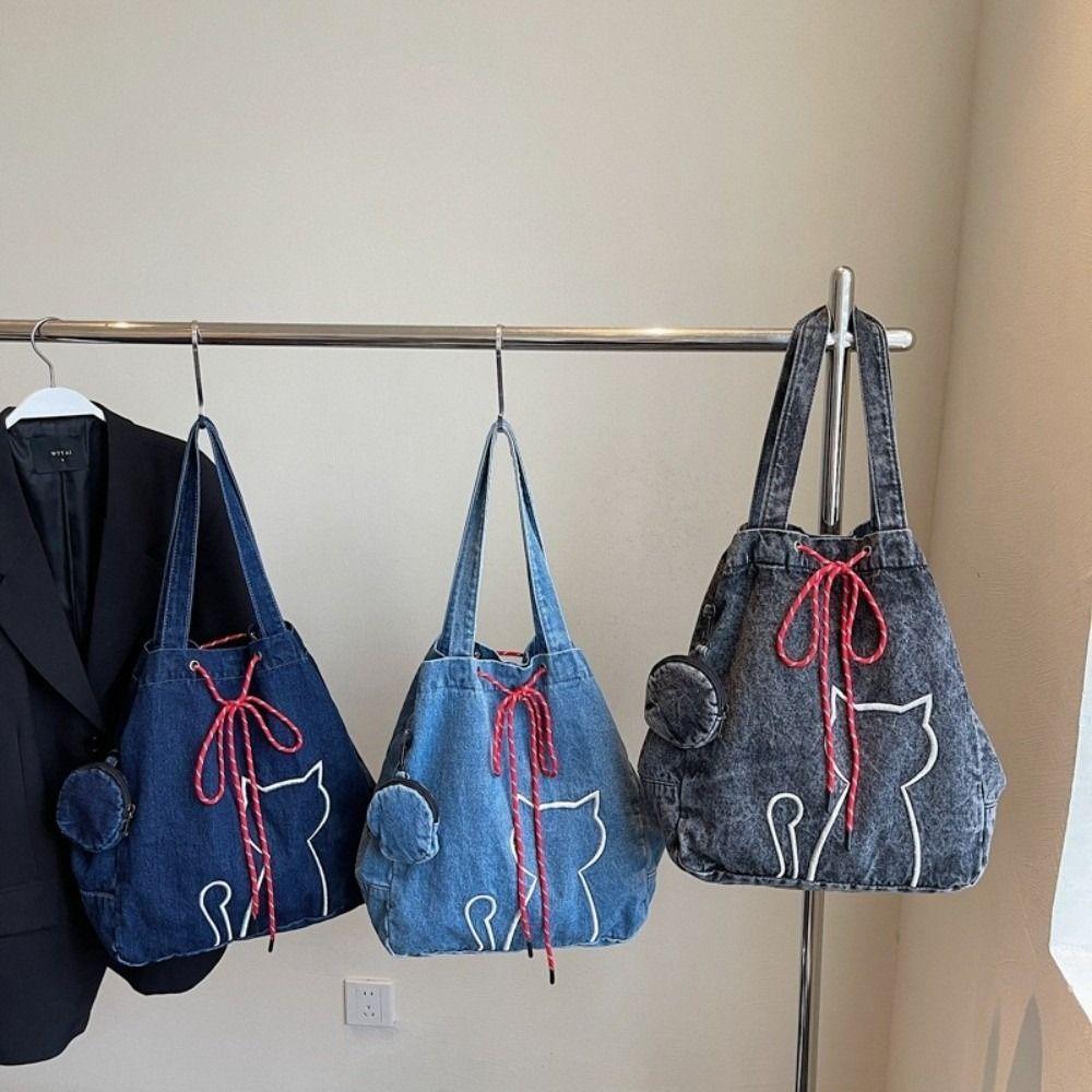 Denim Women Tote Bags Vintage Drawstring Bag Stylish Kitty Shoulder Bags  Handbag
