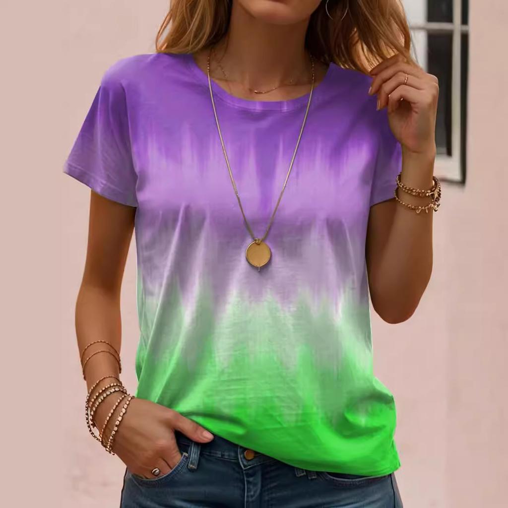 Summer Round Neck 3D Gradient Print T-shirts Fashionable Casual Short Sleeved Women's T-shirts