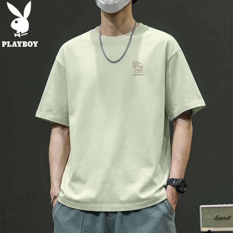 PLAYBOY Men's 2026 Summer Loose Fit Pure Cotton Breathable Round Neck T-Shirt