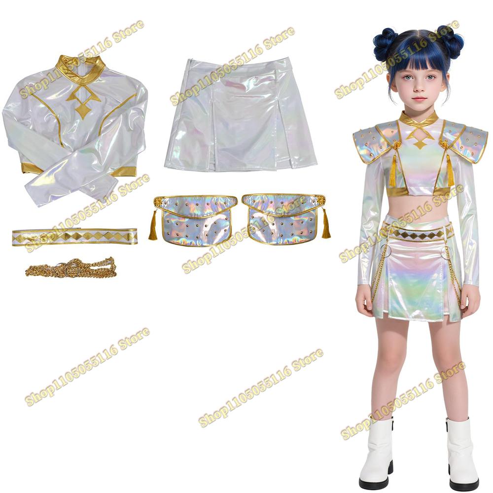 Costum de Performanță Alb Auriu pentru Copii KPOP Huntrix Rumi Zoey Mira Costum Cosplay Perucă KPop Vânătorii de Demoni Uniformă Petrecere Halloween