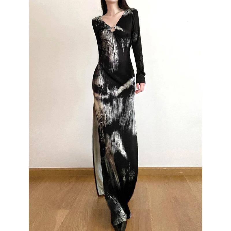 Schlank Aushöhlen Gedruckt Split Kleid Urlaub Sexy V-ausschnitt Langarm Maxi Kleider Für Frauen 2023 Herbst Frühling Damen